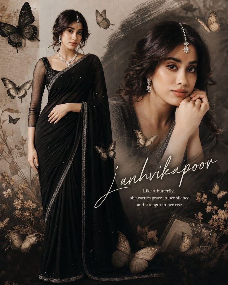 Sepia Butterfly Portrait poster with black sari styling, brown painterly background, butterflies, floral details, and poetic text.