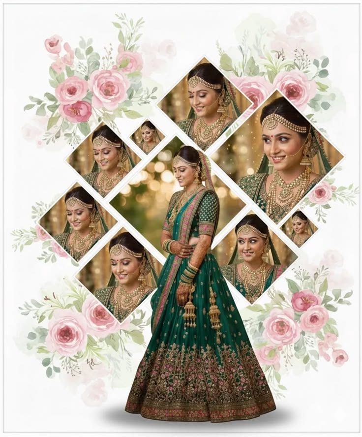 Bridal Album Collage with emerald green bride, diamond portrait frames, soft pink roses, and clean white wedding album style.