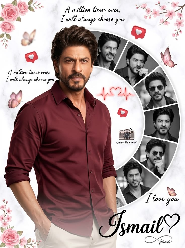 Male Portrait Collage with a maroon shirt hero poster, black-and-white photo-strip portraits, roses, butterflies, and romantic collage details.