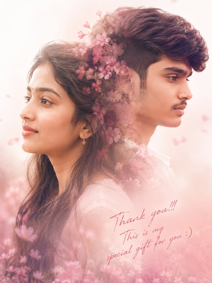 Floral Couple Poster with opposite profile couple faces, pink flowers, soft haze, pastel glow, and handwritten romantic text.