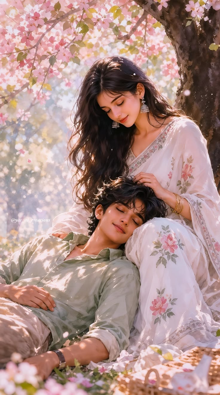Spring Garden Couple Poster with a seated woman, reclining man, blossom tree, soft sunlight, and a gentle romantic mood.