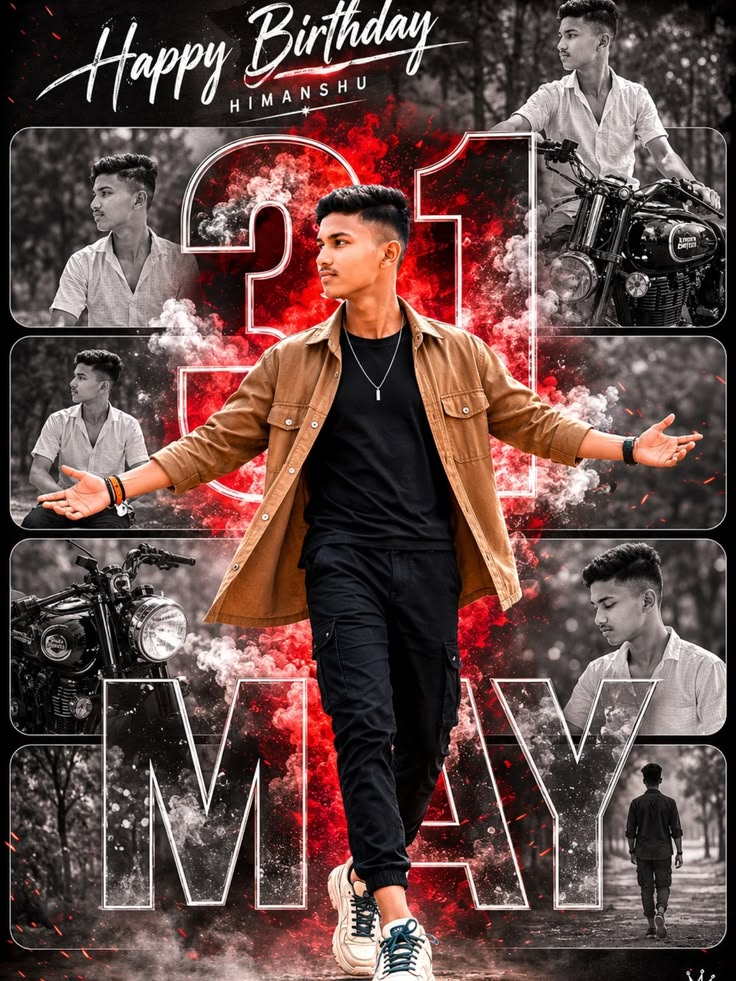 Birthday Collage Poster with a central hero figure, grayscale side panels, red smoke, and bold birthday typography.
