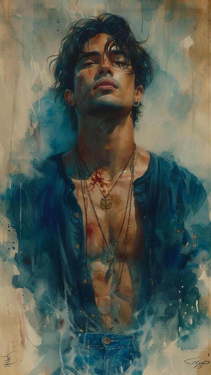 Watercolor Male Portrait with teal shirt, glowing skin, textured paper background, messy hair, and layered necklace details.