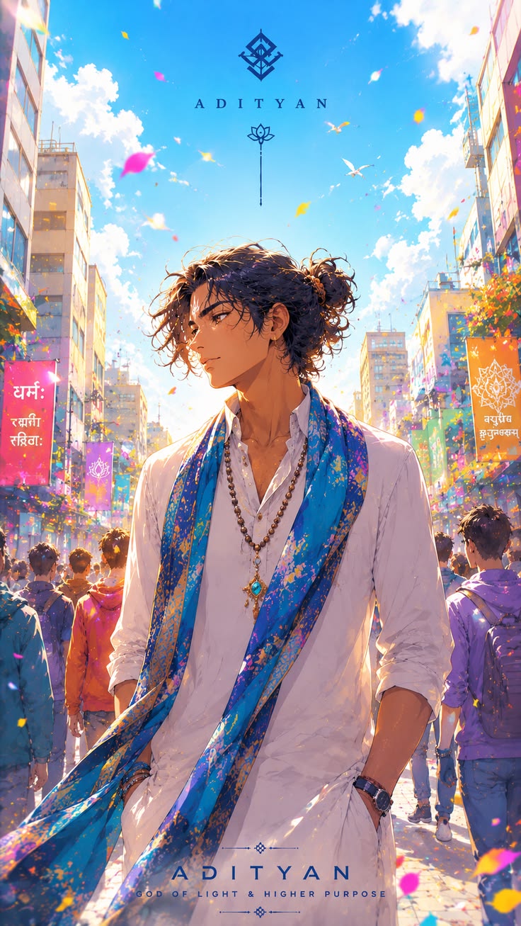 Anime Festival Poster with a centered male character, blue scarf, glowing city street, crowd, confetti, and title text.