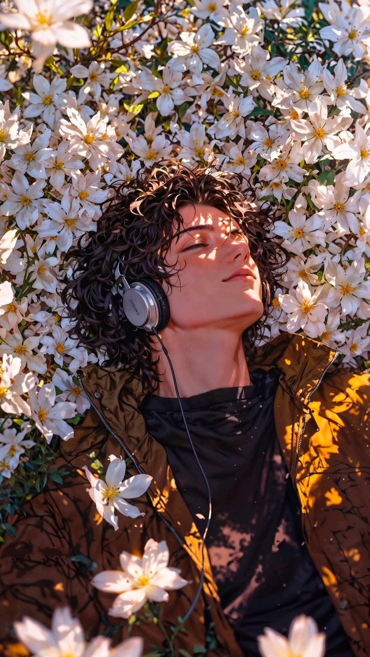 Anime Flower Portrait showing a calm character lying in white flowers with headphones, warm sunlight, and soft anime detail.