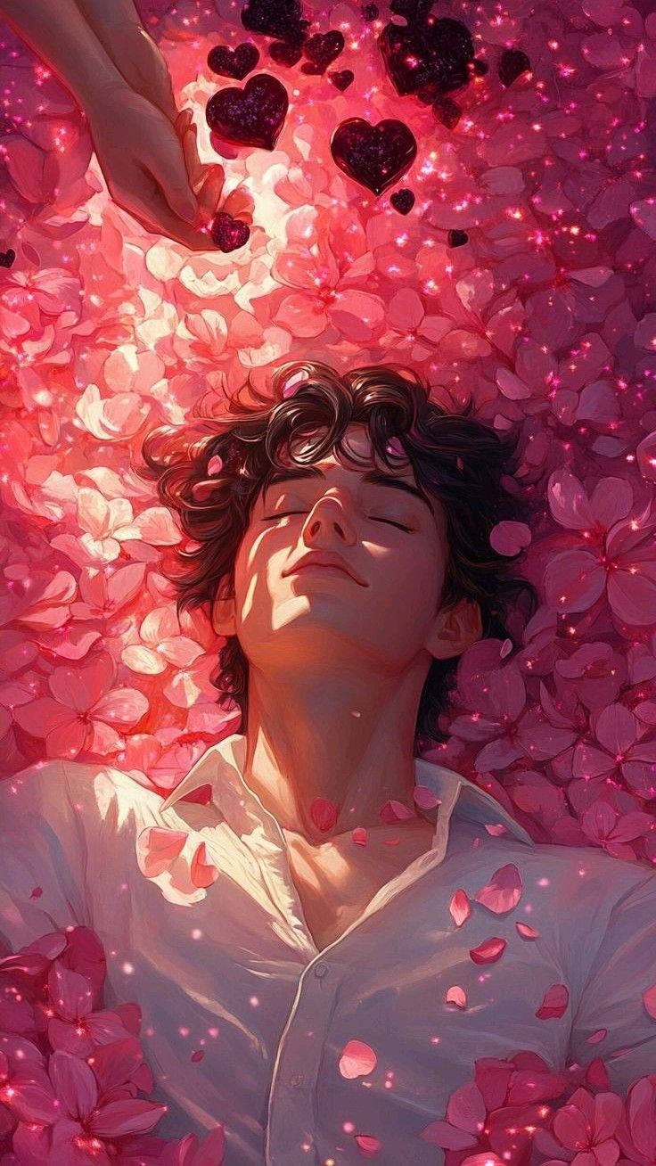 Anime Heart Portrait showing a calm character lying in pink petals with floating hearts, soft hand detail, and warm glow.