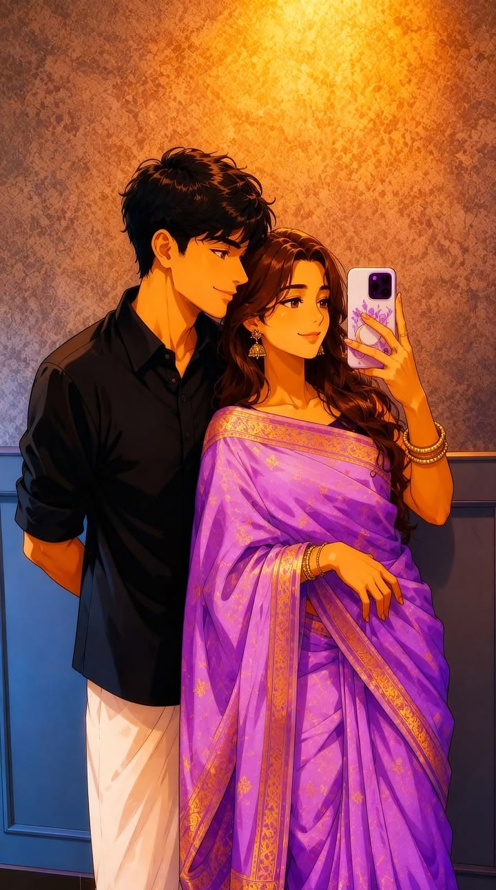 Anime Couple Selfie showing a romantic indoor couple pose with purple sari, phone detail, warm wall glow, and polished anime style.