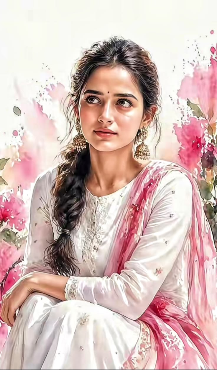 Watercolor Fashion Portrait with seated female styling, pink floral splashes, white embroidered outfit, and soft paper texture.