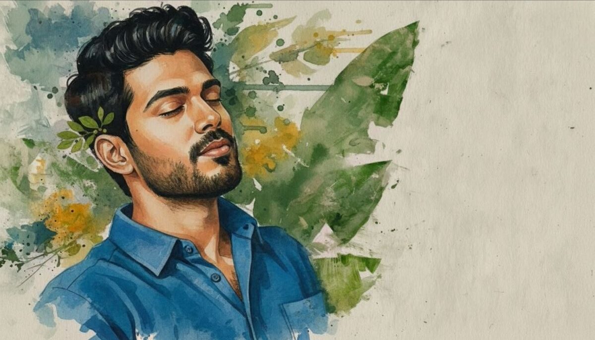 Watercolor Male Portrait with closed eyes, teal shirt, botanical splashes, and soft textured paper background.Watercolor Male Portrait in a peaceful botanical watercolor style with introspective male portrait detail.