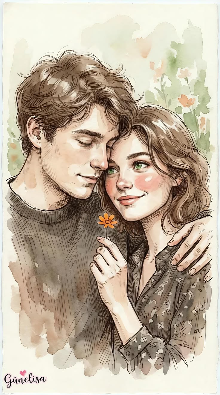 Watercolor Couple Portrait of a tender romantic pair leaning close with soft floral background and hand-painted paper texture.