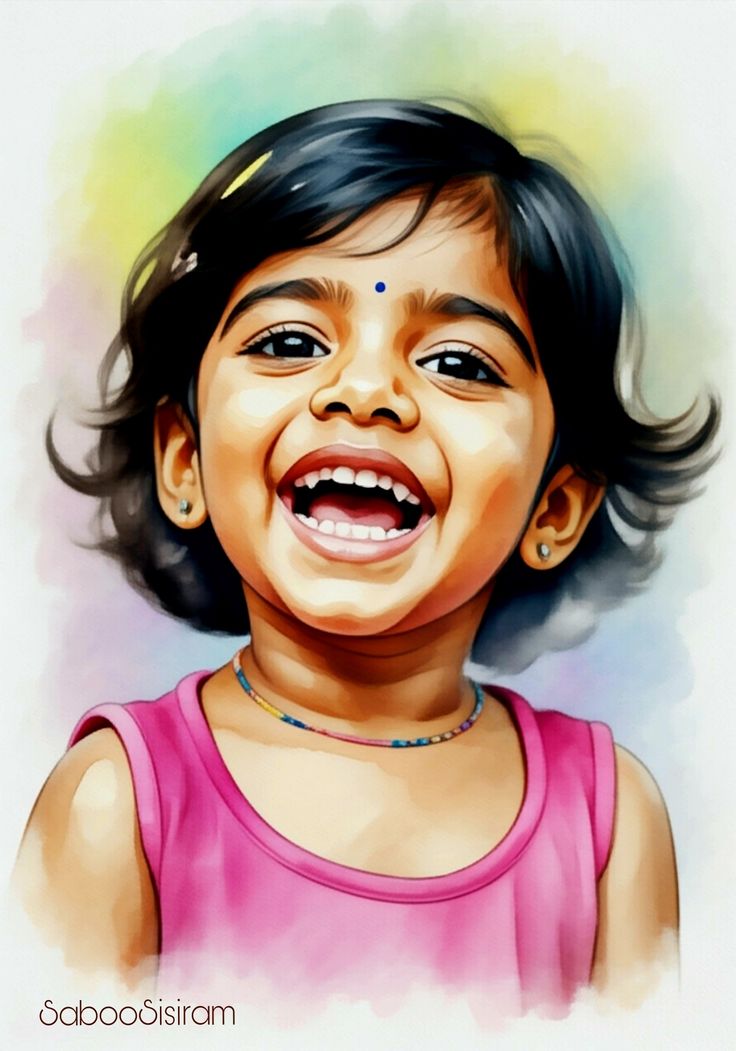 Watercolor Child Portrait of a laughing child with pink sleeveless top, blue bindi, necklace, earrings, and pastel wash background.
