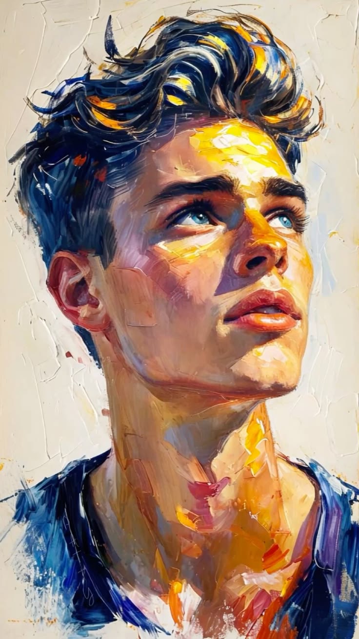 Painterly Hero close-up male oil portrait with upward gaze, golden sunlight, palette-knife texture, navy shadows, and warm canvas background.