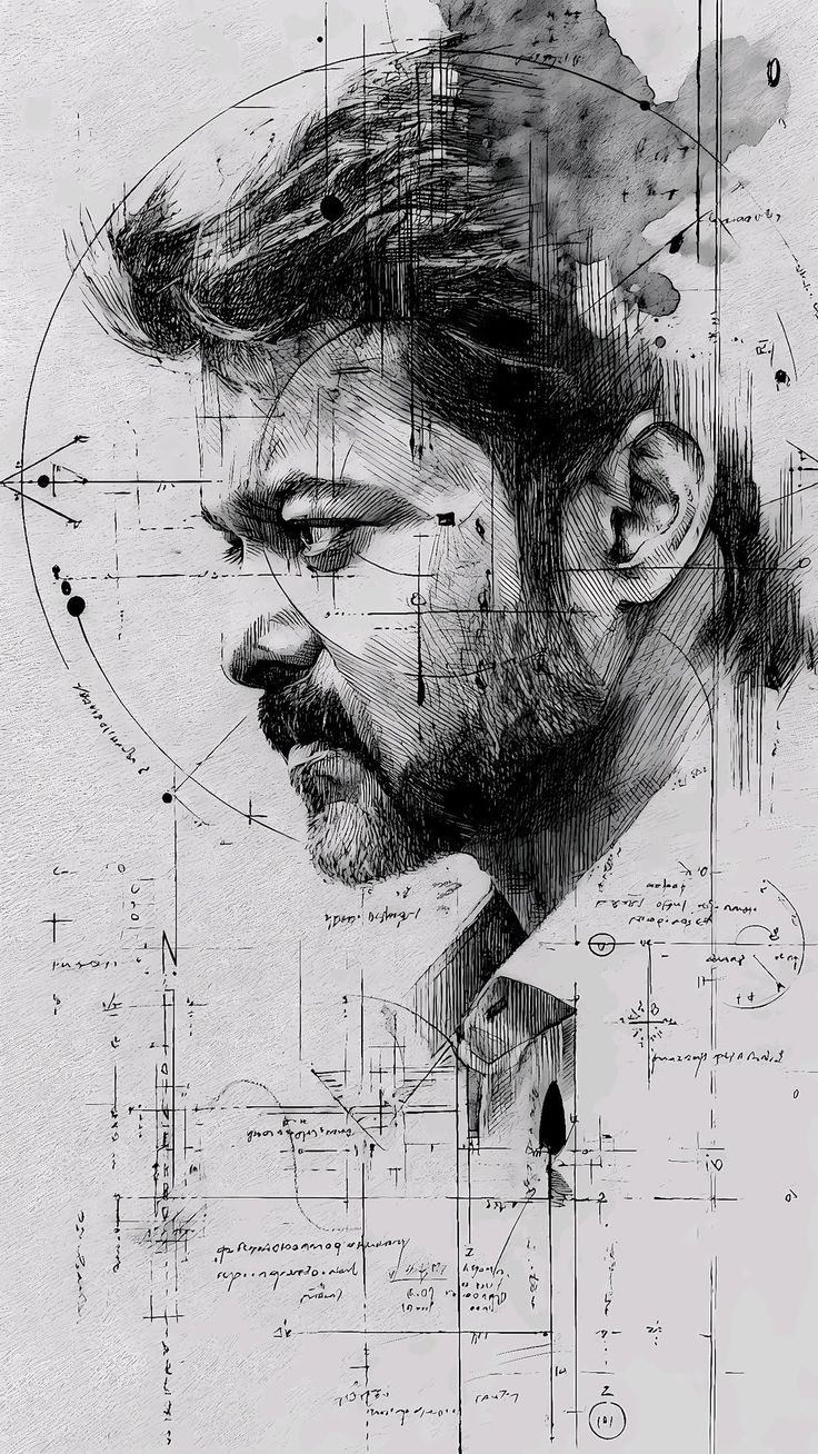 Blueprint Portrait male side-profile sketch with technical drafting lines, formal suit detail, textured paper, and monochrome ink shading.