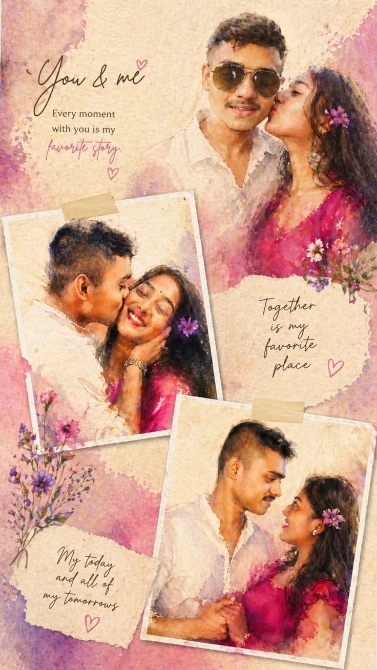 Romantic Scrapbook Collage with watercolor couple artwork on vintage parchment.
