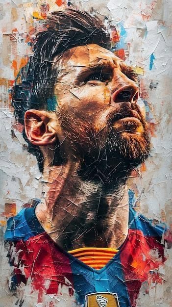 Collage Portrait male bust artwork with upward gaze, cracked plaster texture, red-blue jersey, painterly glow, and torn paper detail.