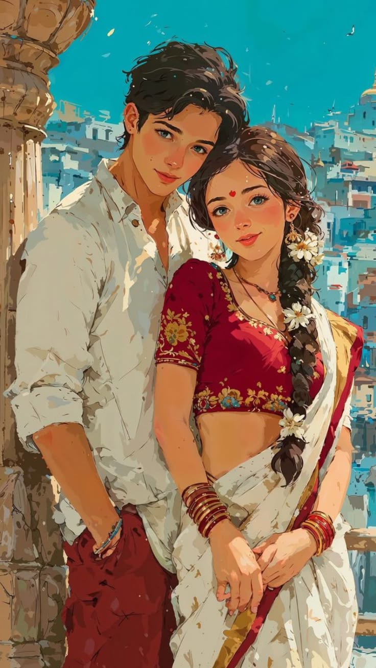 Anime Couple romantic balcony poster with warm sunlight, saree detail, and a painted hillside city background.
