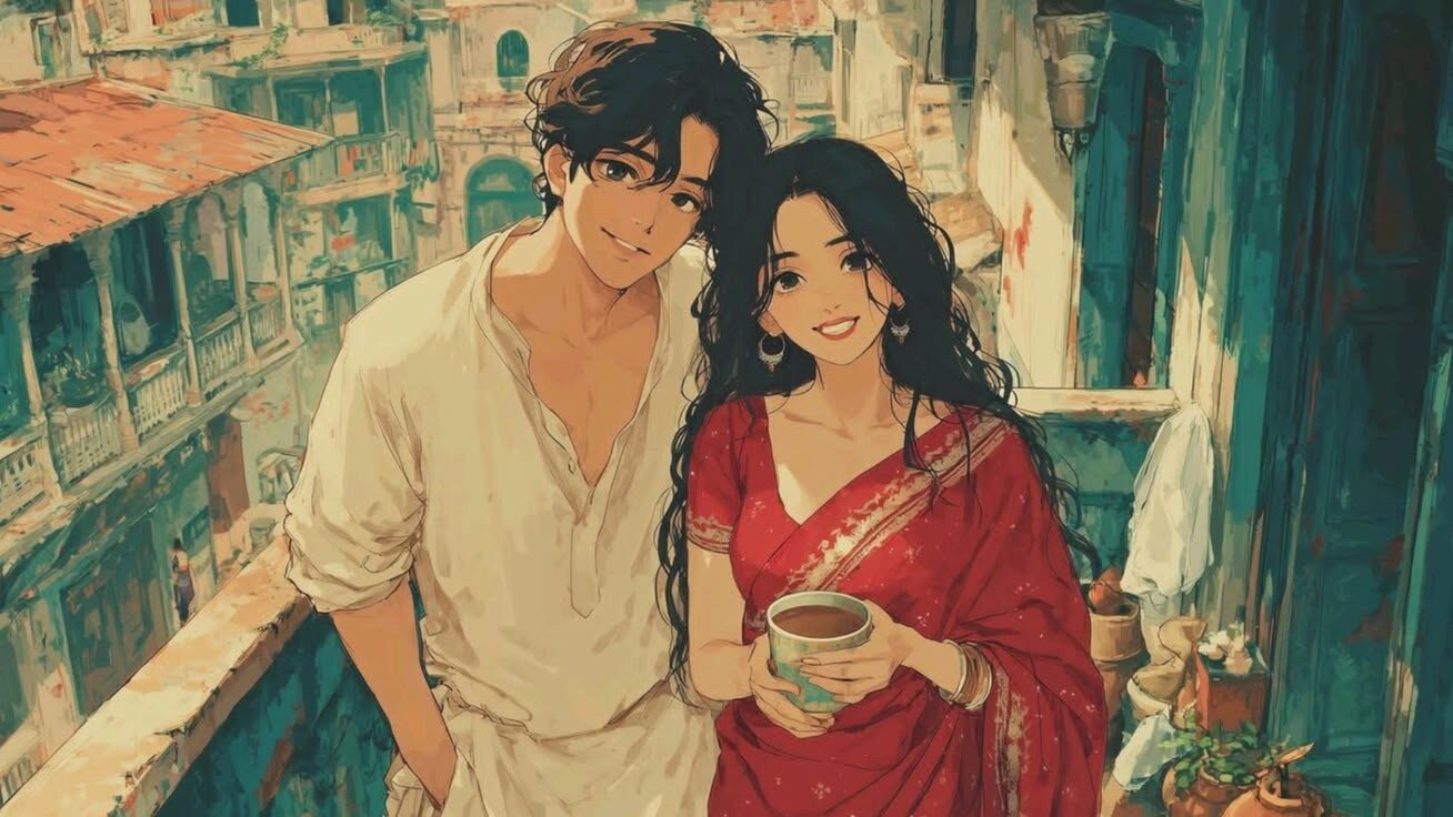Anime Couple balcony illustration with warm city glow, red sari detail, cream outfit, cup pose, and painted anime texture.