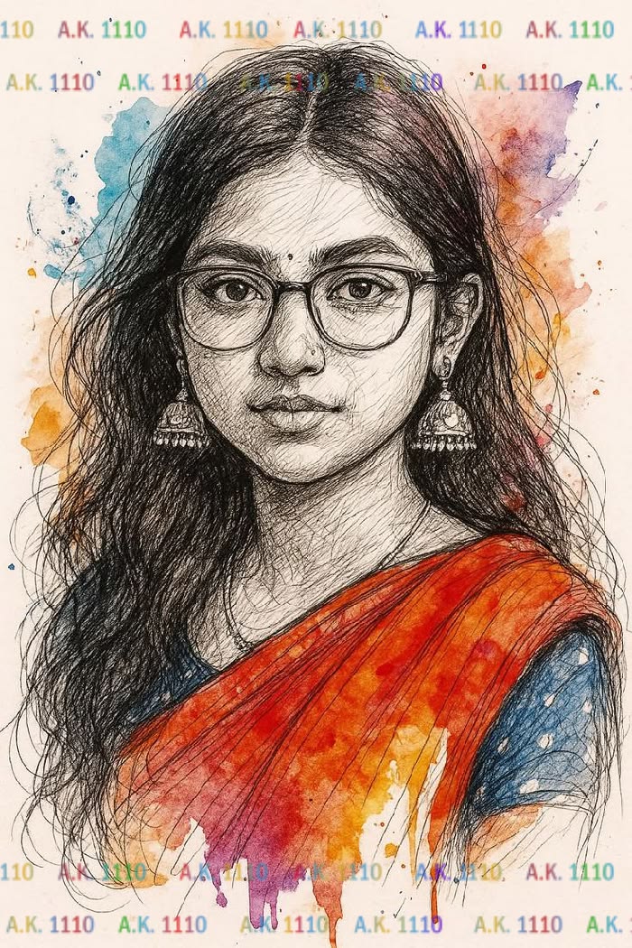 Watercolor Sari Portrait Prompt featuring an ink sketch portrait with watercolor sari styling and handmade paper texture