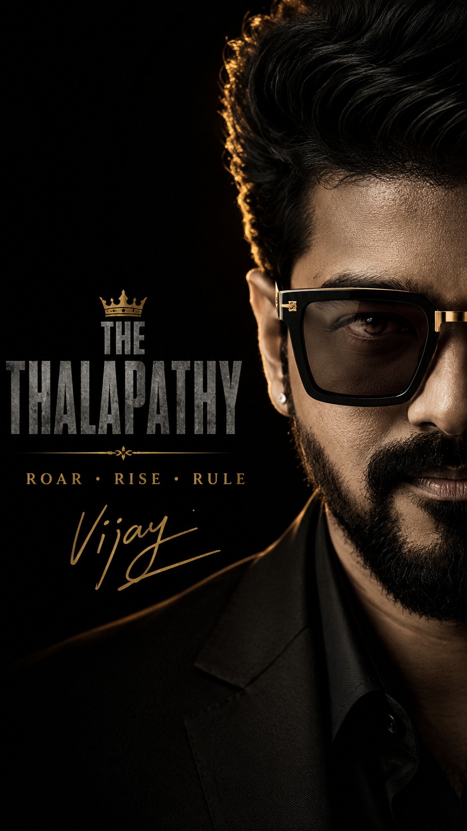 Luxury Celebrity Poster with premium black and gold editorial styling.