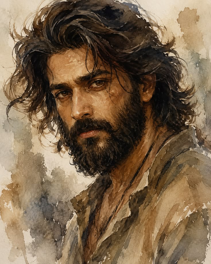 Rugged Watercolor Portrait with a serious bearded man, long windblown hair, open collar shirt, smoky background, and paper texture.