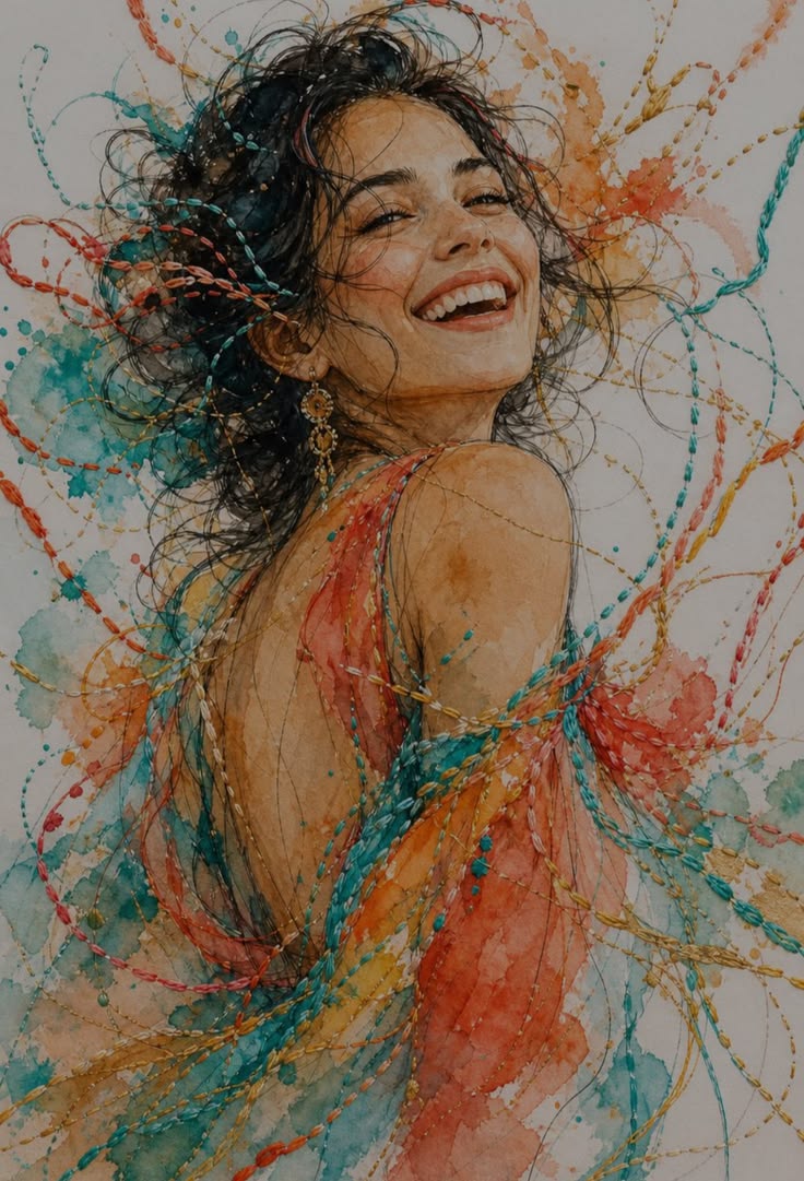 Joyful Watercolor Portrait with a laughing woman, windblown hair, coral-orange sari, teal fabric, and decorative bead threads.