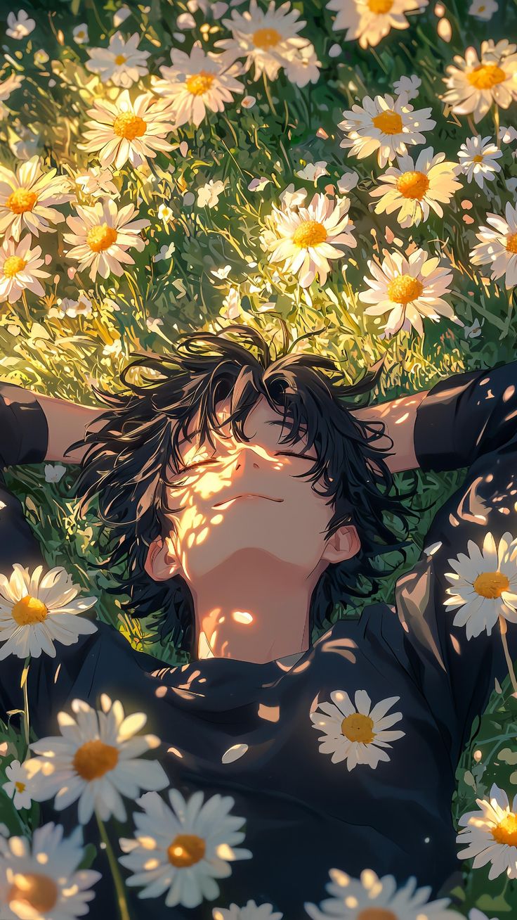Anime Daisy Portrait showing a calm character lying in daisies with arms behind the head, black shirt, and warm sunlight.