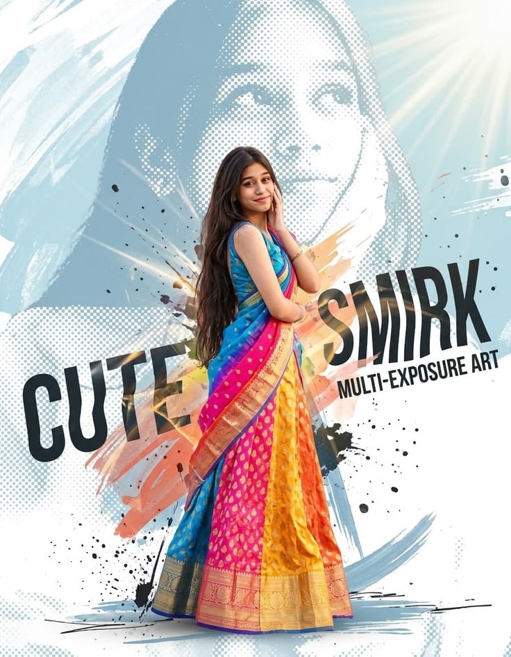 Pop Art Fashion Poster with a standing saree figure, giant halftone face, paint splatter, bold text, and glowing sunburst.