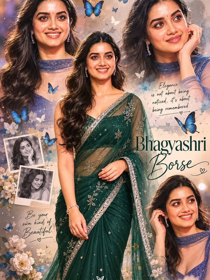 Butterfly Fashion Collage with a green saree portrait poster, blue butterflies, floral details, polaroids, and elegant quote styling.