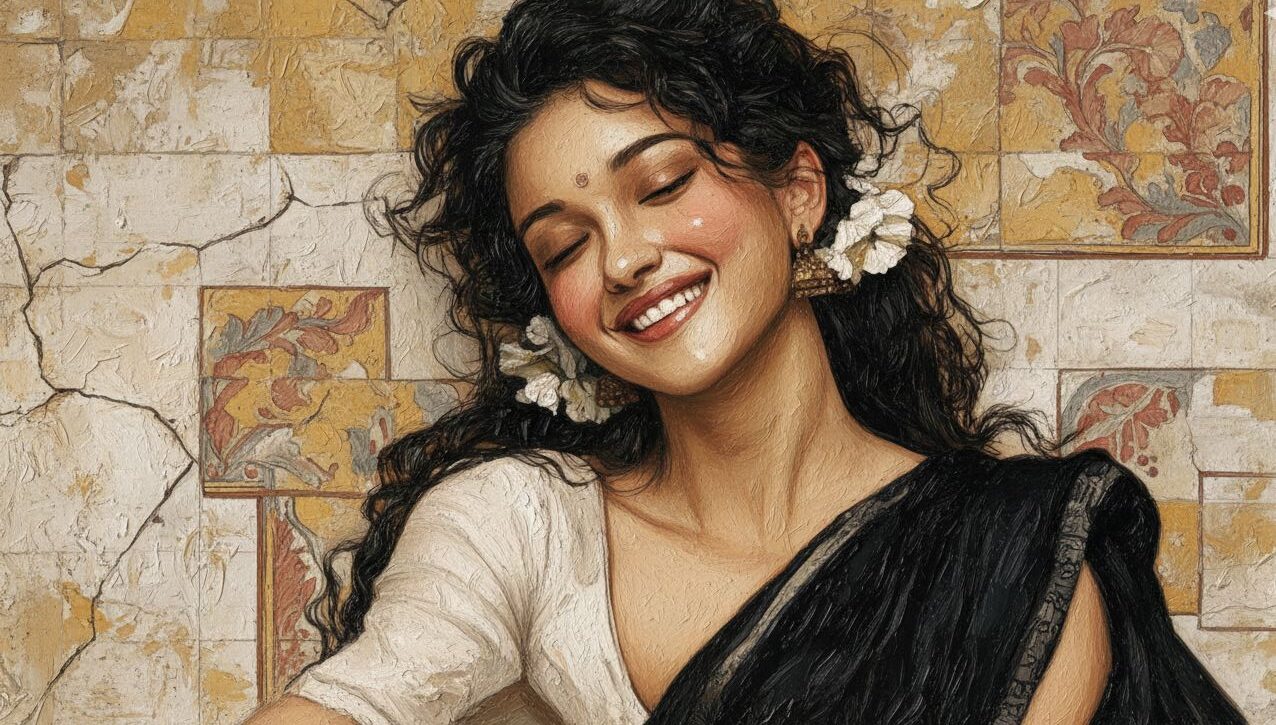 Fresco Saree Portrait with closed-eye smile, black saree drape, white blouse, flowers, and antique plaster wall texture.