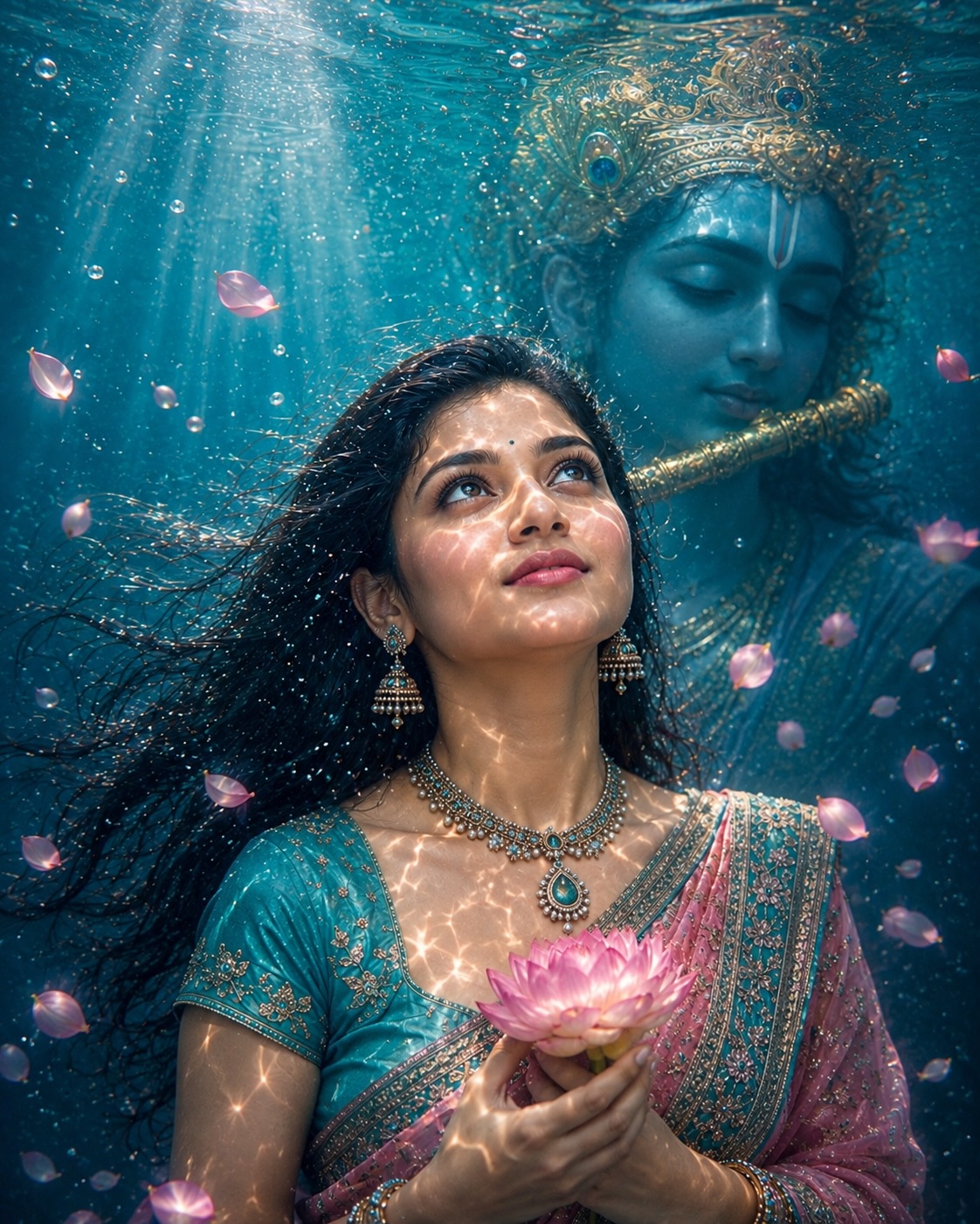 Underwater Krishna Portrait featuring a serene devotional underwater scene with divine cinematic styling.