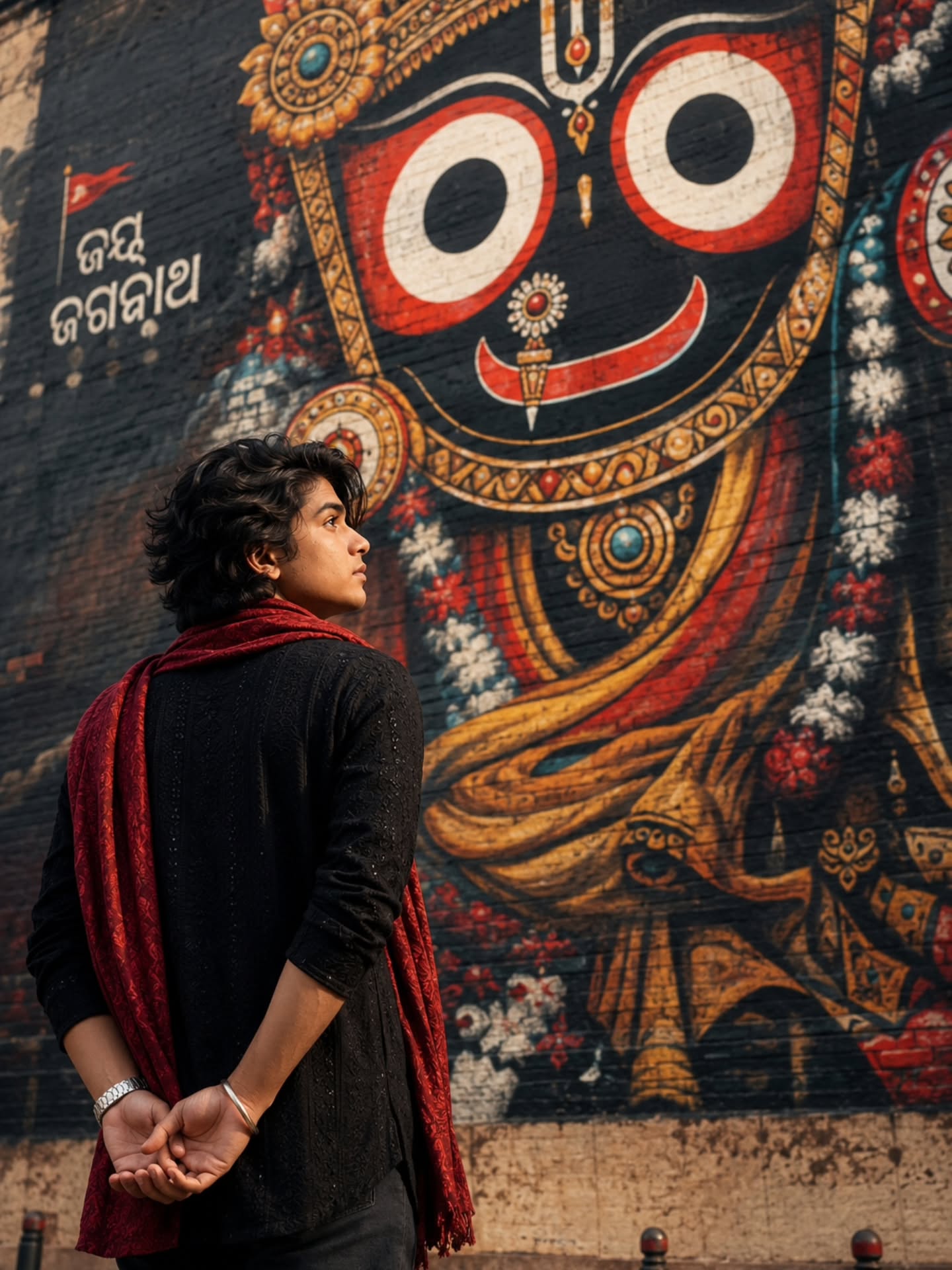 Jagannath Mural Portrait showing a devotee admiring a magnificent Lord Jagannath mural in cinematic style.