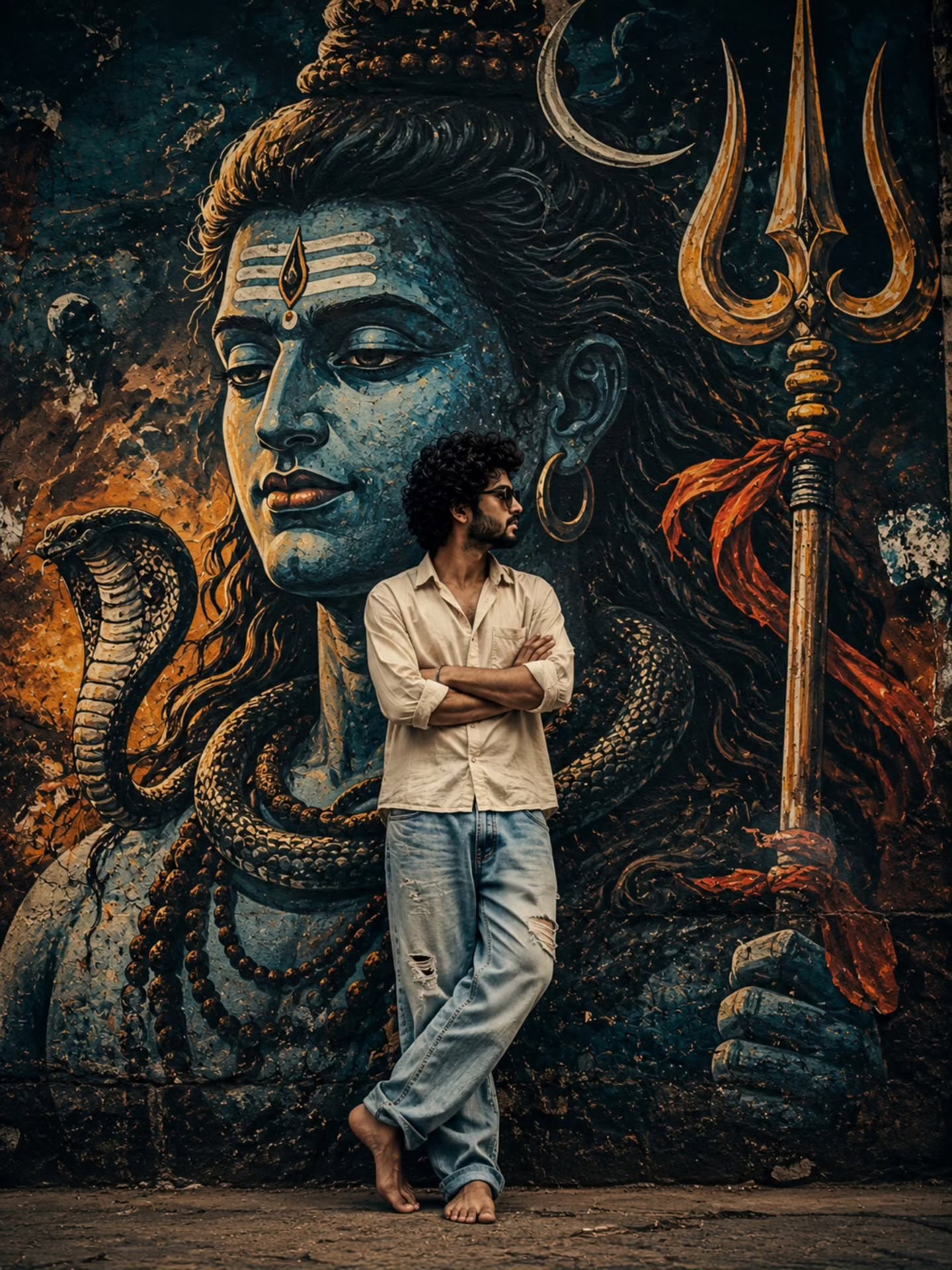 Shiva Street Portrait featuring a cinematic editorial composition before a monumental Lord Shiva mural.