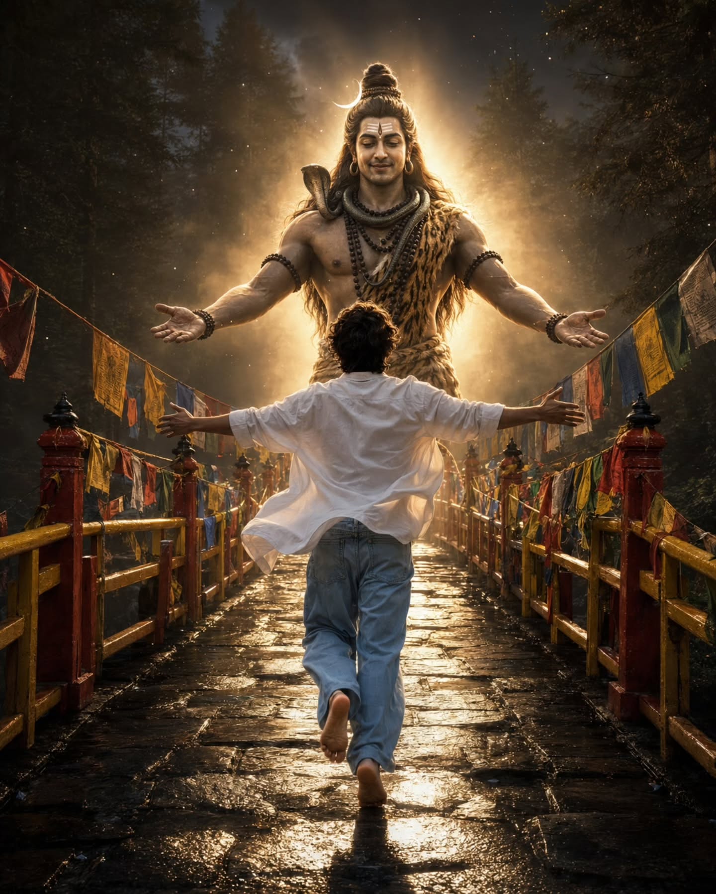 Shiva Bridge Devotion featuring a devotee running toward Lord Shiva in a cinematic devotional scene.