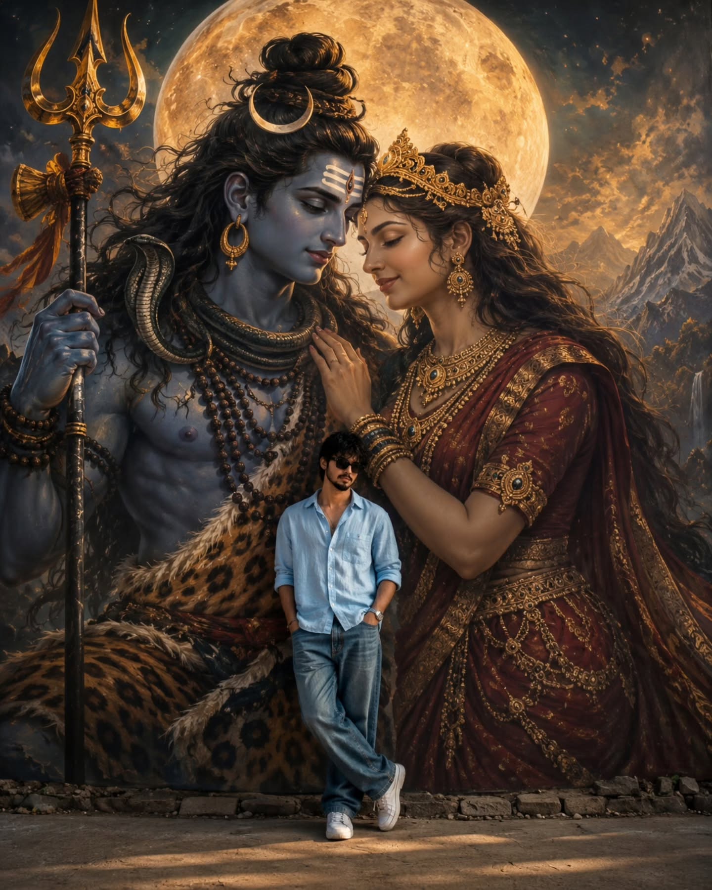 Shiva Parvati Portrait featuring a devotee before a monumental divine mural with cinematic realism.