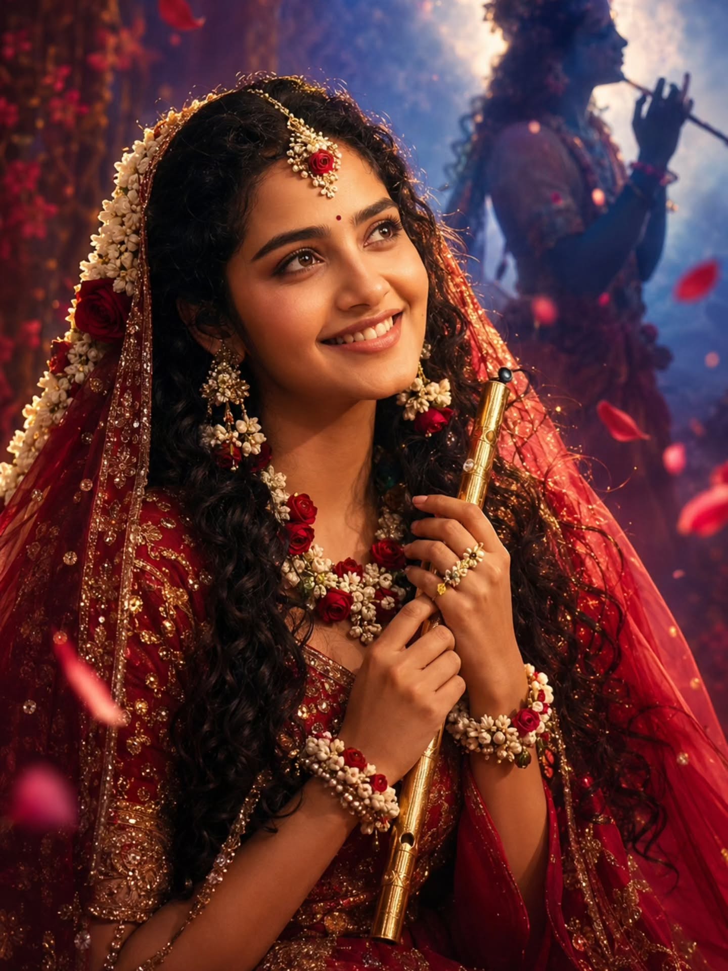 Radha Devotional Portrait featuring a graceful devotional bridal portrait with floral jewelry and divine elegance.