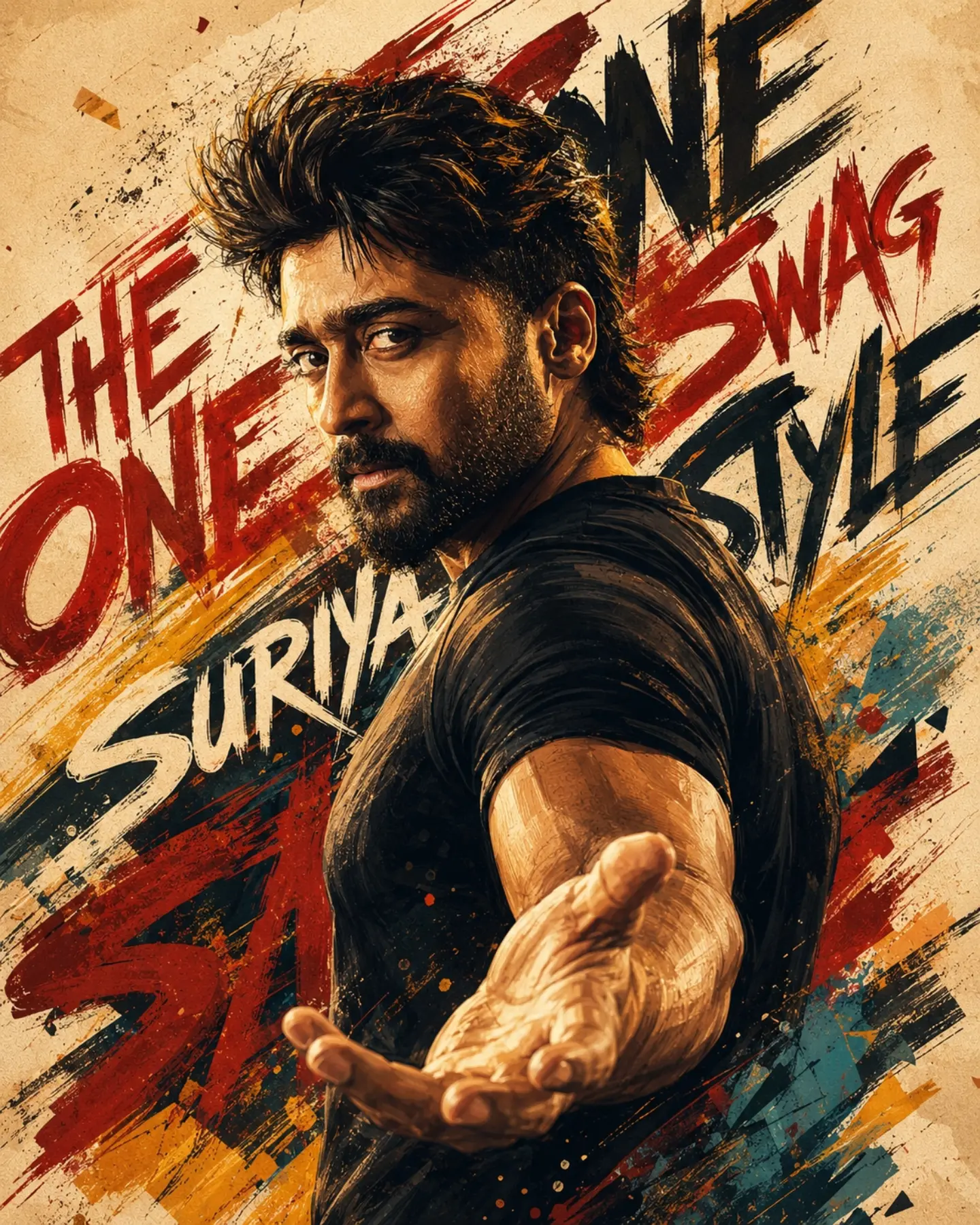 Cinematic Poster Portrait featuring a dramatic mixed-media illustrated character with expressive brush textures.