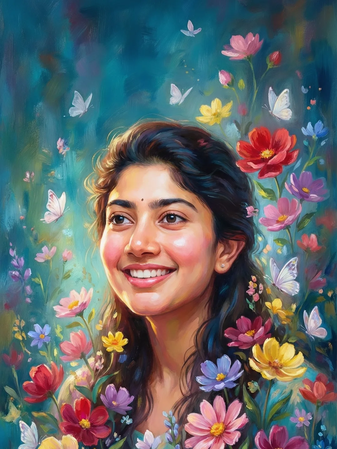 Floral Oil Portrait featuring a joyful woman surrounded by blooming flowers and butterflies in a fine-art painting.