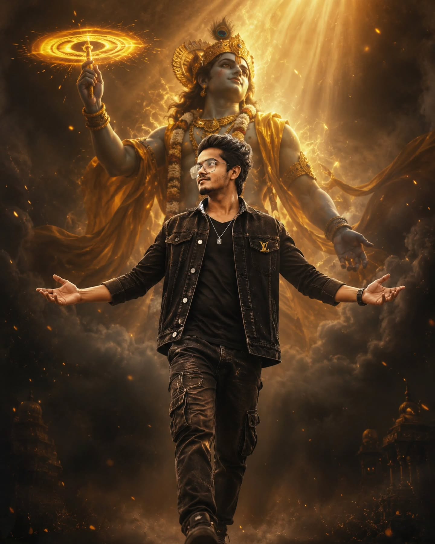 Krishna Divine Poster featuring a cinematic mythological hero under divine protection.