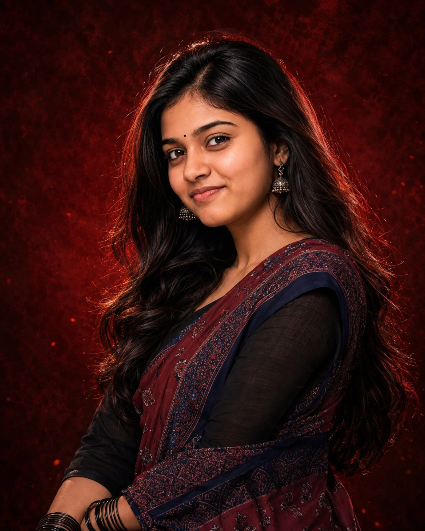 Cinematic Studio Portrait featuring an elegant Indian woman in a traditional saree with premium editorial lighting.