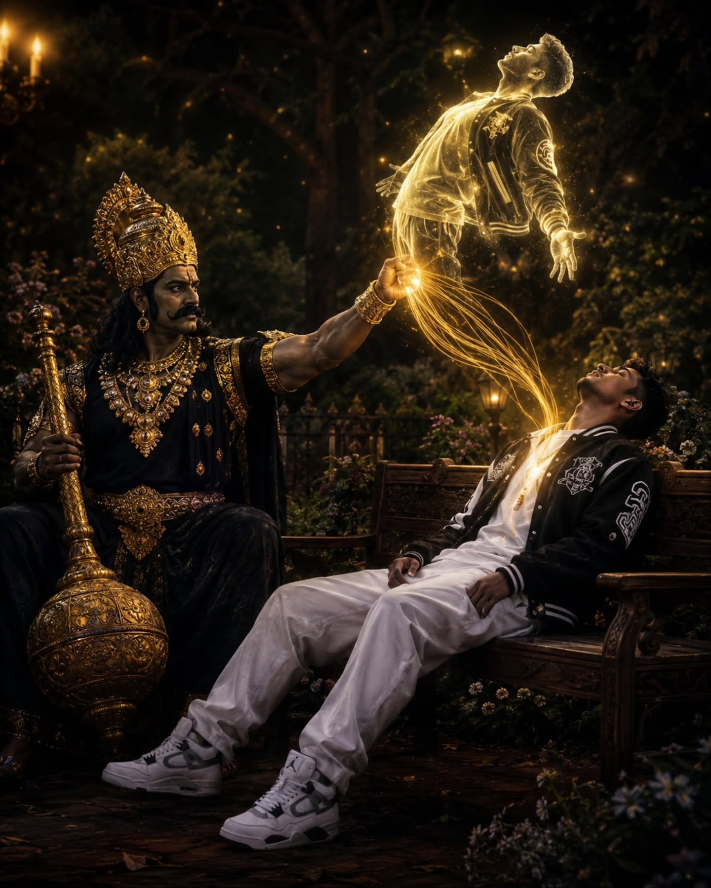 Yama Soul Extraction featuring a premium cinematic mythological fantasy scene with Lord Yama and a glowing soul.