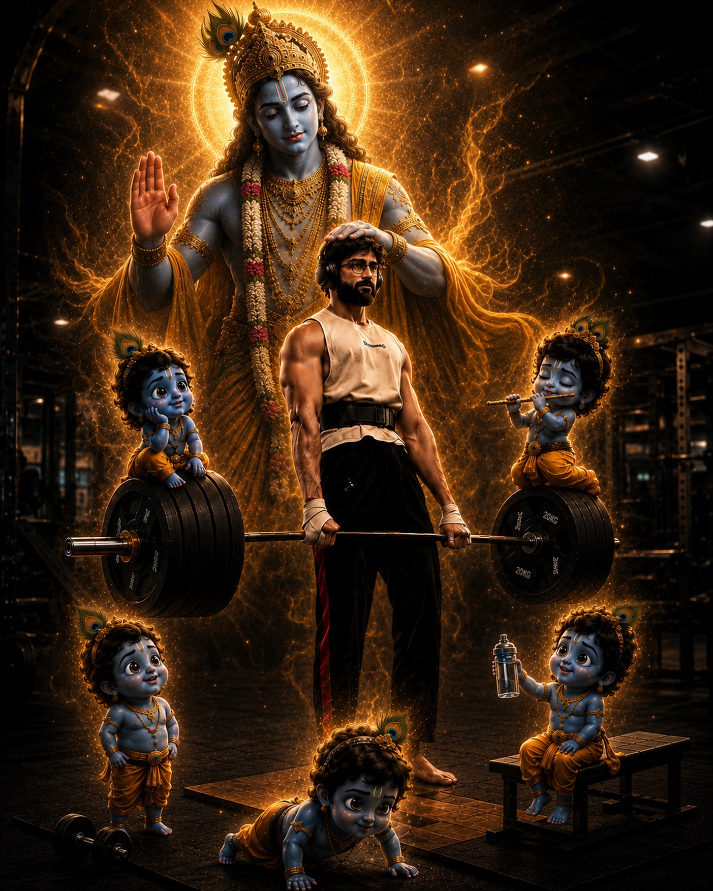 Divine Krishna Gym featuring a powerful athlete surrounded by divine fantasy elements and cinematic golden lighting.