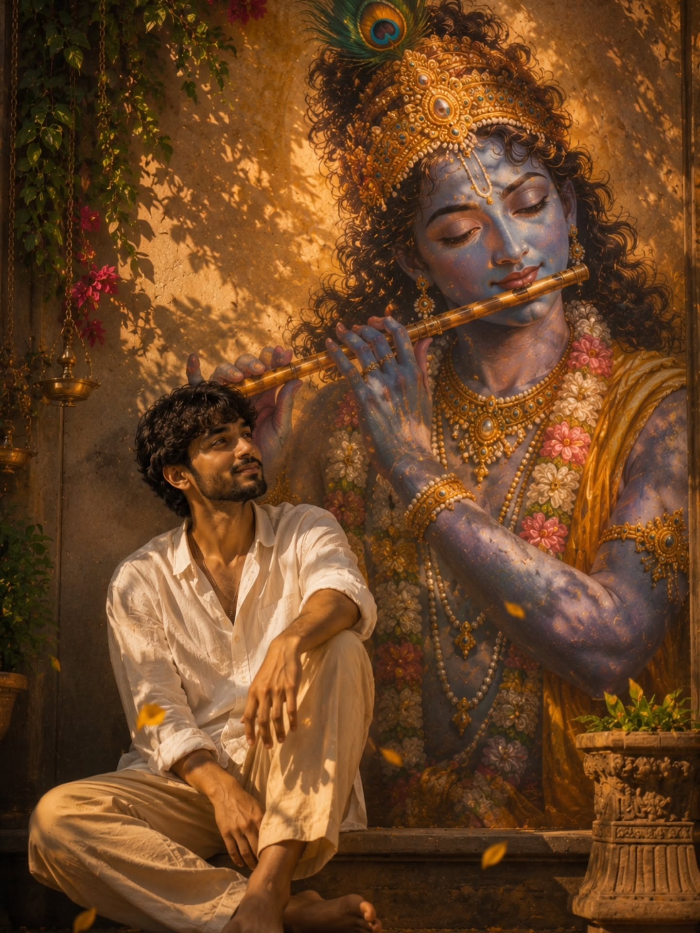 Krishna Devotional Portrait featuring a peaceful devotee before a magnificent Lord Krishna mural.