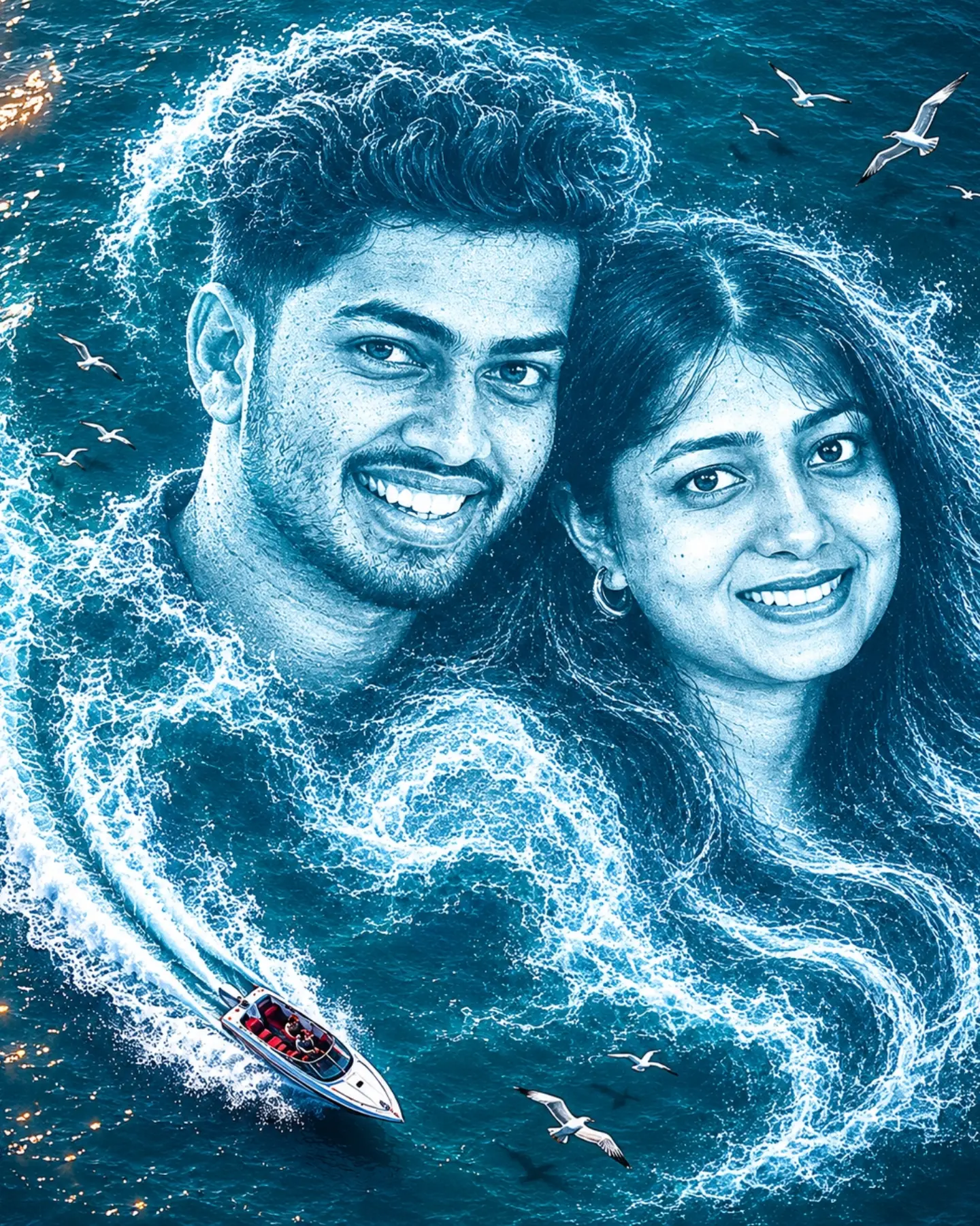 Surreal Ocean Couple emerging naturally from swirling ocean waves in a cinematic artwork.