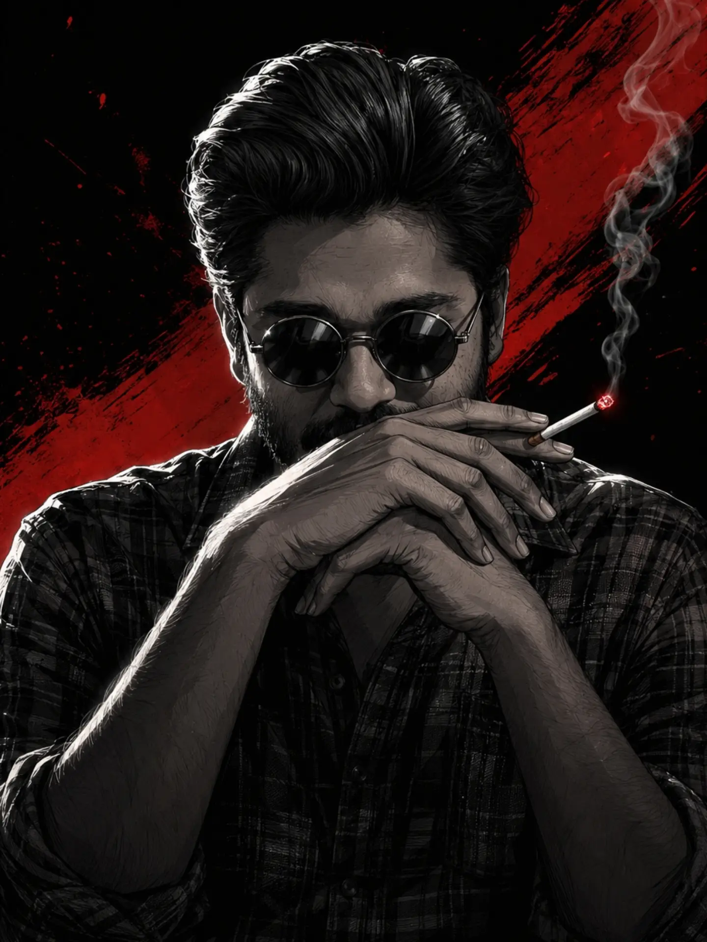 Graphic Novel Portrait featuring a cinematic monochrome illustrated character with dramatic red accents.