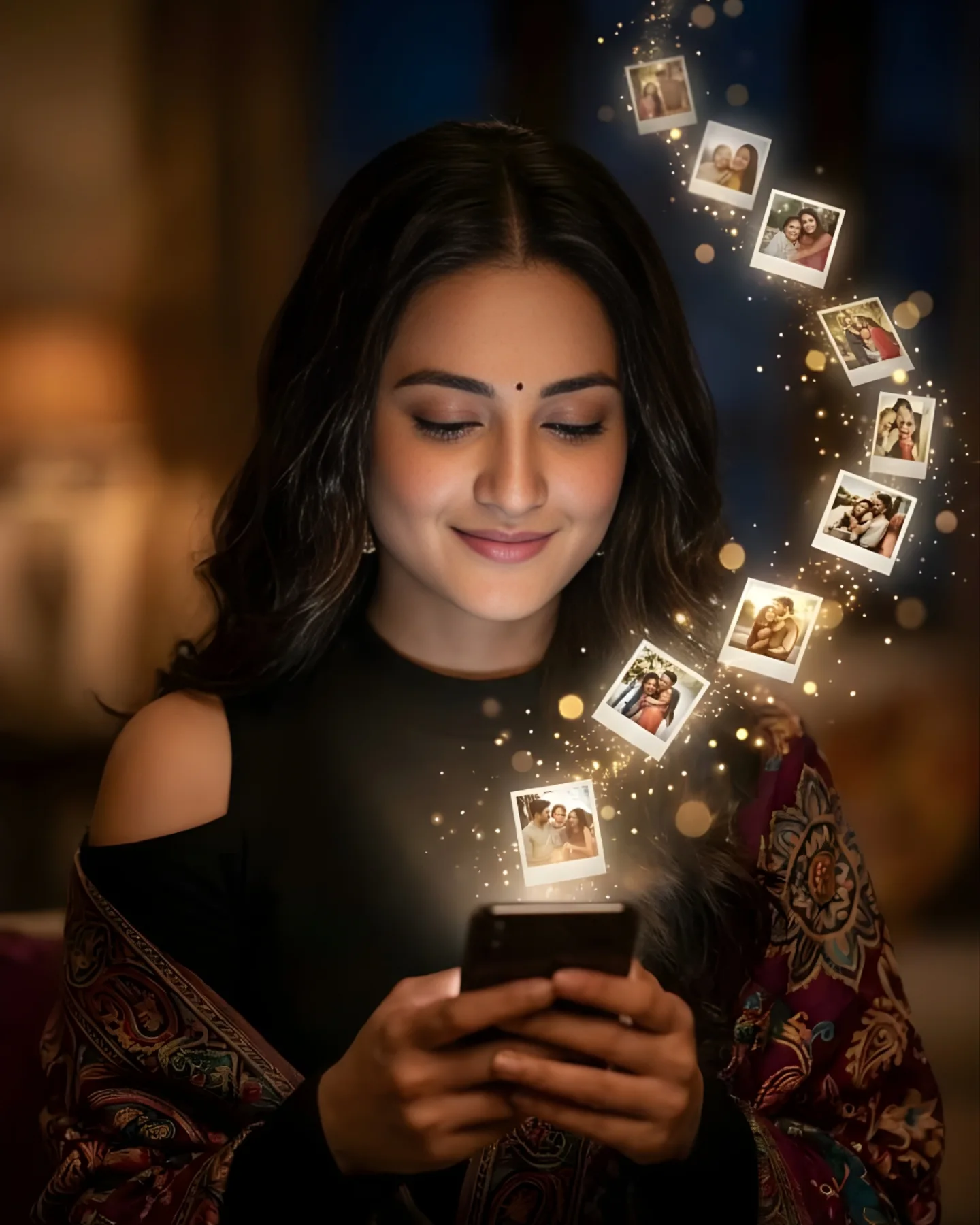Magical Memories Portrait featuring a cinematic editorial composition with glowing floating memories.