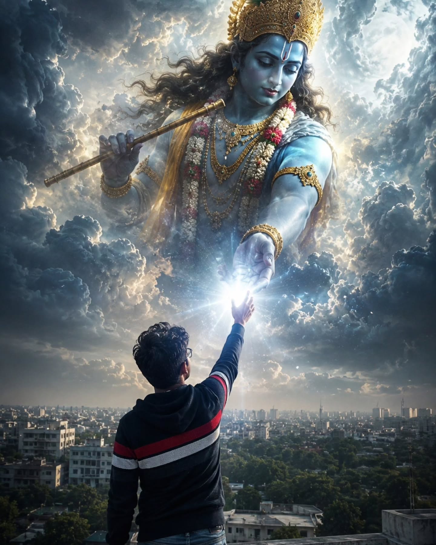 Krishna Divine Connection featuring a cinematic devotional scene between a human and Lord Krishna.