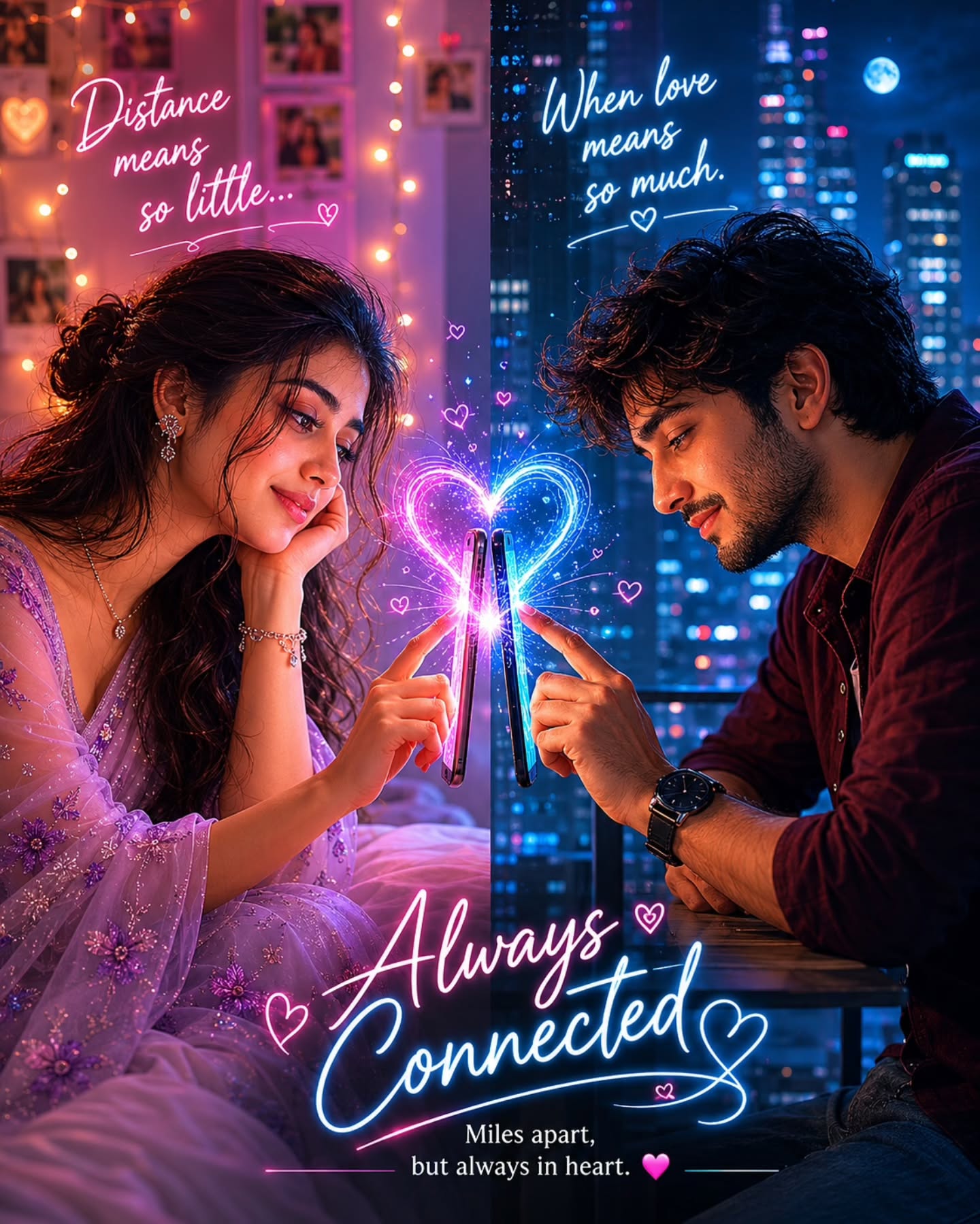 Long Distance Romance portrayed as a premium cinematic long-distance love poster.
